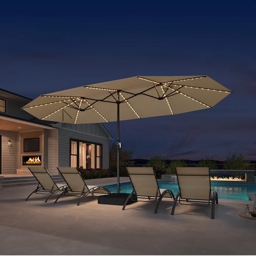 PURPLE LEAF 15ft Patio Market Umbrella with Solar LED and Base Double-Sided Rectangle Outdoor Table Sun Umbrellas with Crank for Pool Beach Deck Backyard Khaki - color: Beige, size: 15' X 9' with Lights