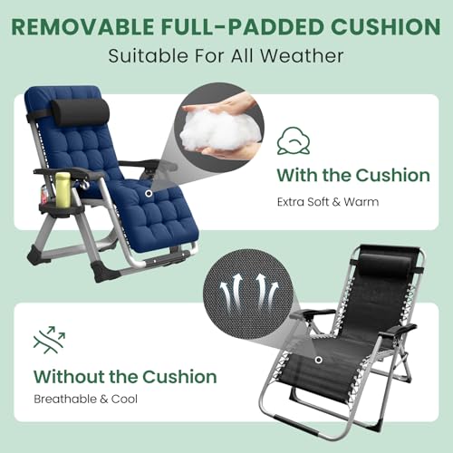 Oversized Zero Gravity Chair XL, 29In Padded Lounge Recliner Camping Chair with Removable Cushion, Adjustable Headrest, Storage Bag, Footrest, Cup Holder & Full Aluminum Lock, Supports 450 lbs, Blue - color: 29in - Blue-1