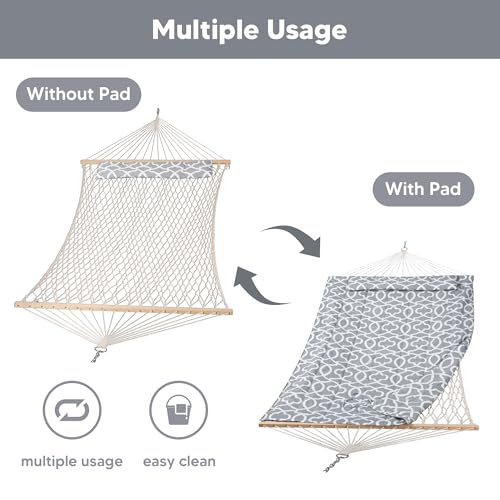 SUNCREAT Hammocks Heavy Duty Hammock with Hardwood Spreader Bar, Double Rope Hammock with Polyester Pad, Grey - color: Grey