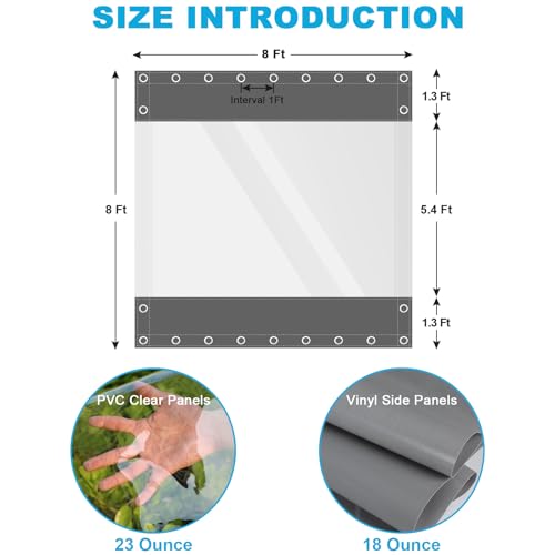 Clear Vinyl Curtains for Patio Enclosure, 23oz Heavy Duty Waterproof Anti-UV and Tear-Resistant Tarpaulin with Grommets, Weatherproof Panels for Porch, Pergola, Gazebo, Balcony, Outdoor - color: Gray, size: 8'H X 8'W