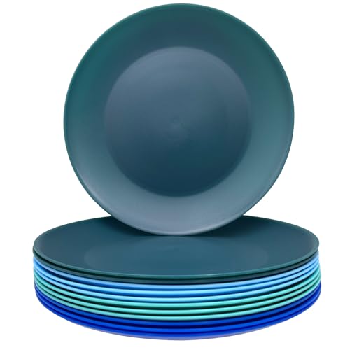 AOYITE Plastic Plates Reusable 10 inch, Unbreakable Dinner Plates set of 12, BPA Free Microwave & Dishwasher Safe Party Plate for Any Occasion, BBQ, Travel, Events (Coastal) - color: Cool Blue Gradient