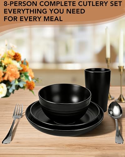 48 Piece Plates and Bowls Sets for 8- Unbreakable Wheat Straw Dinnerware Sets Includes Stainless Steel Forks for Picnic Camping Outdoor Kitchen and Apartment Dinning RV Essentials-Black - color: Black, size: 48PCS