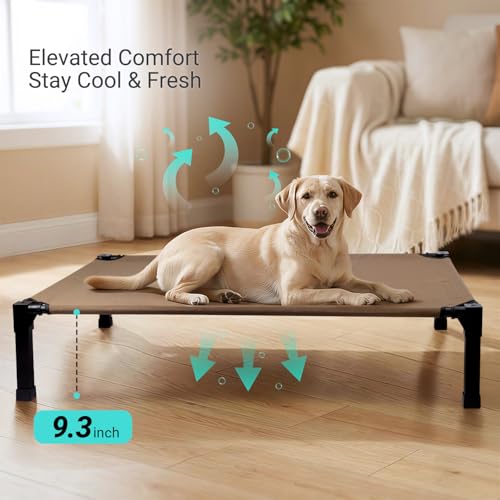 Niubya Elevated Outdoor Dog Bed, Cooling Elevated Pet Cot, Steel-Framed and Non-Slip Feet, Raised Dog Bed with Waterproof, Washable, Breathable Teslin Mesh, 51in - color: Brown, size: 51"L x 36"W x 9.4"H