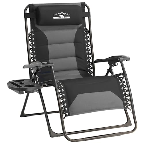 Zero Gravity Chair Oversized Recliner Padded Reclining Patio Chairs Folding XL Anti Gravity Lounge Chair with Adjustable Pillow and Cup Holder for Outdoor Camping Patio Lawn - color: Black & Gray, size: X-Large/1 PCS