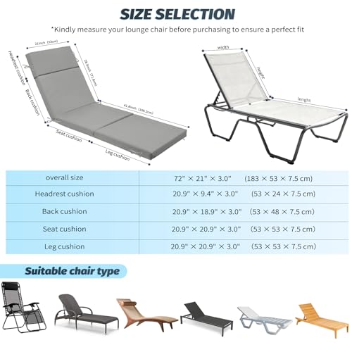 2 Pcs Outdoor Chaise Lounge Cushion 72" x 21" x 3", 4-Section Folding Patio Lounge Chair Cushion with Ties, Waterproof & Fade Resistant Replacement Cushion for Pool, Patio, Deck (Grey, 2 Pcs) - color: Grey, size: 2 Pcs