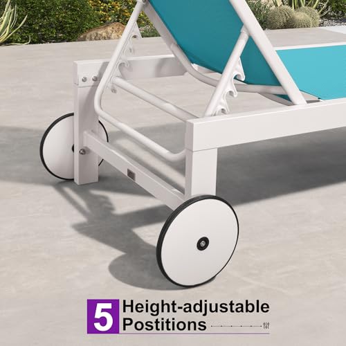 PURPLE LEAF Outdoor Lounge Chairs Set of 2 White Aluminum Chaise Lounge Chair Five-Position Adjustable Chaise Lounges with Wheels and Table for Pool Deck Patio, Turquoise - color: Turquoise, style: Standard Straight-leg