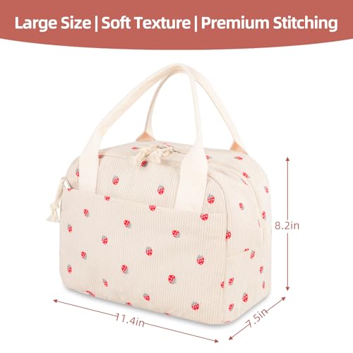 Reusable Insulated Lunch Bag for Women Men, Corduroy Lunch Tote Leakproof Cooler Bag with Reinforced Stitching, Cute Lightweight Thermal Lunch Box for Work Picnic Travel, Strawberry - color: Strawberry