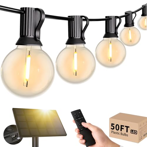 Svater Solar Outdoor String Lights 50 FT, G40 Patio Lights Shatterproof Dimmable Vintage Edison Bulbs, Solar Powered Weatherproof Light for Patio, Backyard, Garden, Bistro, Warm White - size: 50FT
