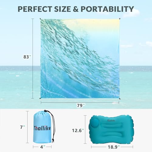 Beach Blanket, Waterproof Sandproof Beach Mat with Stakes and Inflatable Camping Pillow, 79" X 83" Quick Drying Lightweight & Durable Outdoor Picnic Mat with 4 Corner Pockets for Beach Camping - color: Sea Fish