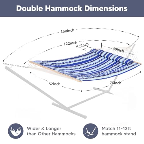 SUNCREAT 2 Person Hammock with Hardwood Spreader Bar, Outdoor Rope Hammock with Polyester Pad, 475 lbs Capacity, Blue Stripes - color: Blue Stripes