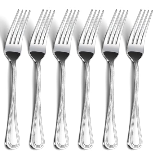 24-Piece Dinner Fork Set, 8-Inch Silverware, Stainless Steel, Elegant Pearl Dot Handle, Dishwasher Safe - color: Polished Silver