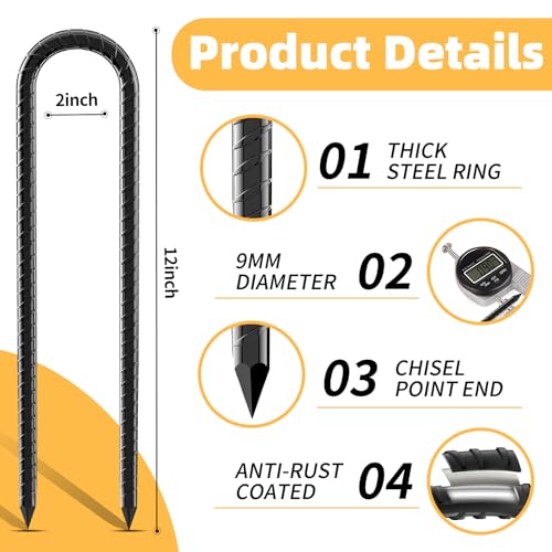 12inch Rebar Stakes, 8 Pack U Hook Ground Anchors, Heavy Duty Rust Proof Coated Steel Ground Stakes Ground Anchors, Garden Stake Metal Stake Tent Stake Trampoline Anchors Trampoline (Black) - color: U-8pcs