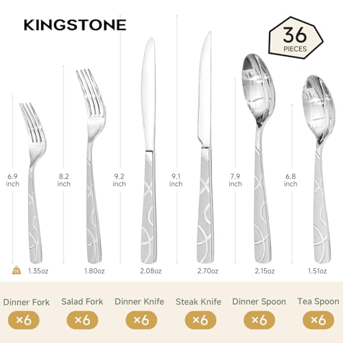 HIKAA 36PCS Stainless Steel Silverware Set with Steak Knives, Modern Flatware Set for Kitchen, Mirror Polished Cutlery Set with Forks, Spoons and Knives，Dishwasher Safe - size: 36-Piece
