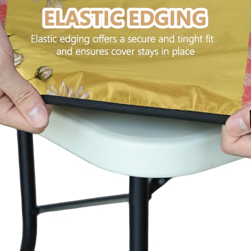 Picnic Table Cover with Bench Covers Elastic Edges, Outdoor Patio Camping Essentials 72 Inch 3PCS, Waterproof Camping Fitted Tablecloth with Handbags (Pink check daisy cow) - color: Pink checkered cow