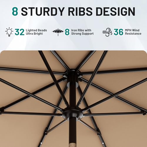 AreShark 9FT Patio Umbrella with Solar Lights, 32 Lighted Pool Umbrella w/Tilt and Crank, Outdoor Market Solar Umbrellas for Garden, Deck, Backyard, Pool and Beach, Beige - color: Beige, size: 9 Ft