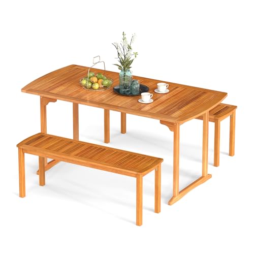Tangkula 3 Piece Acacia Wood Patio Dining Table Set, 63" Large Patio Table & 2 Backless Benches w/Umbrella Hole, Farmhouse Indoor Outdoor Diner Furniture for Garden Poolside Deck Kitchen