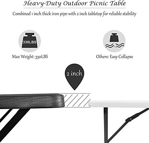 Hysache Picnic Table Bench Set, Patio All Weather Metal Base Camping Set w/Wood Texture Tabletop, Steel Frame, Large Tables for Backyard Poolside Garden Lawn (Black) (OP3499) - color: Black