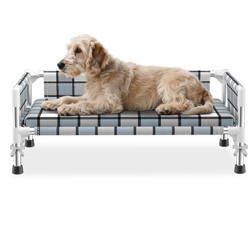 Elevated Raised Outdoor Dog Bed - Cooling Washable Dog Cot with Guardrail, Durable & Breathable Cotton Mesh Pet Hammock Beds with Stainless Steel Pipe Frame for Small Pets (Cushion-(M-)) - size: Cushion-(M-)