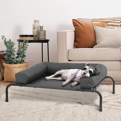 MoNiBloom Outdoor Elevated Dog Bed w/Removable Bolster, Portable Raised Outdoor Dog Bed with Stable Anti-Slip Feet & Breathable Mesh, 35.5 Inches Length, Dark Gray - color: Dark Gray, size: 35.5"L