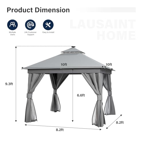 LAUSAINT HOME 10'x10' Outdoor Gazebo with Solar LED Lights, Metal Frame Heavy Duty Patio Canopy Tent Shelter with Double Roofs, Mosquito Nettings and Privacy Screens for Backyard, Garden, Lawn, Gray - color: Gray, size: 10'x10' with LED Lights