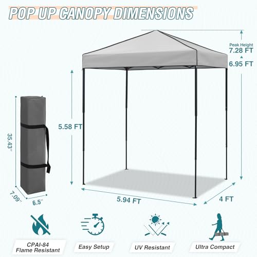EAGLE PEAK 6x4 Instant Pop Up Canopy Tent, Straight Leg Sun Shelter, Portable Canopy with Carry Bag for Camping, Beach & Sports, Gray - color: Gray, size: No Wall