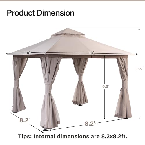 LAUSAINT HOME 10'x10' Outdoor Gazebo, Metal Frame Heavy Duty Patio Canopy Tent Shelter with Double Roofs, Mosquito Nettings and Privacy Screens for Backyard, Garden, Lawn, Khaki - color: Khaki, size: 10'x10'