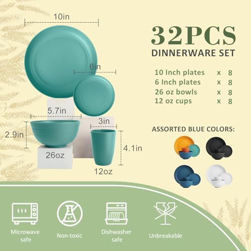 Wrova Wheat Straw Dinnerware Set of 32,Unbreakable Dinner Plates and Bowls Dishes Sets Service for 8,Dishwasher Safe Dinnerware Sets for Kitchen and Camping.Green - color: Green, size: 32 Pack