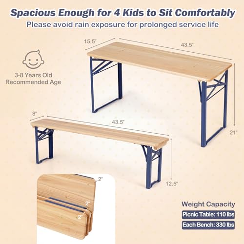 Costzon Kids Picnic Table, 43.5 Inch Folding Picnic Table with 2 Benches, Fir Wood Top & Metal Frame, No Assembly 3-Piece Portable Kids Indoor/Outdoor Furniture for Patio Backyard Daycare (Navy Blue) - color: Navy Blue