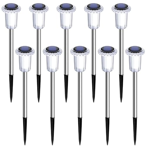 DenicMic Solar Lights Outdoor 10 Pack Waterproof 6000K Cold White LED Stainless Steel Stake Outside Lights for Yard Pathway Garden Driveway Walkway Landscape Path Lighting - color: Cold 10Pack