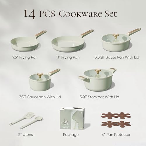 CAROTE Ceramic Cookware Set Nonstick, 14pcs Pots and Pans Set Nonstick, Non-Toxic & PFAS-Free, Dishwasher, RV/Camping Cookware Set, Cooking Pots with Lids, Sage Green - color: Green