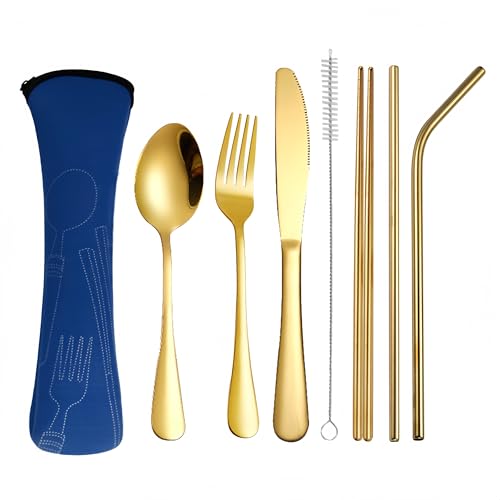 7pcs Travel Utensils with Case,Portable Silverware Set for Work, Stainless Steel Reusable Travel Cutlery Set, Fork and Spoon Set for Camping, Picnic, Gadgets, Lunch Box for Men, Black - color: Gold