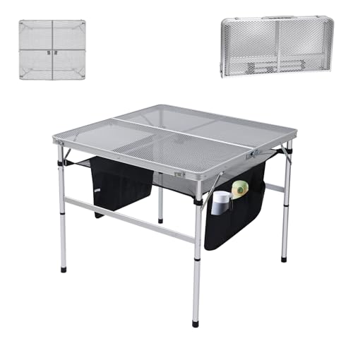 C Square Folding Height Adjustable Aluminum Table - 23.6"x23.6" White, Mesh Bag, Carry Handle, Ideal for Grill, Camping, Outdoor, Card Games