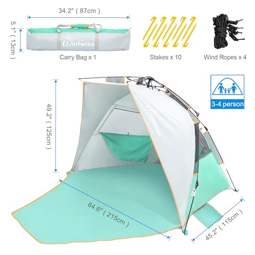 Wolfwise Instant Beach Tent Sun Shelter with Zippered Extendable Porch for Privacy, Portable Beach Tents with Carrying Bag, Easy Setup Pop up Shade for 3-4 Person, 85 x45x49 in, Mint Green - color: Mint Green, size: 3-4 Person