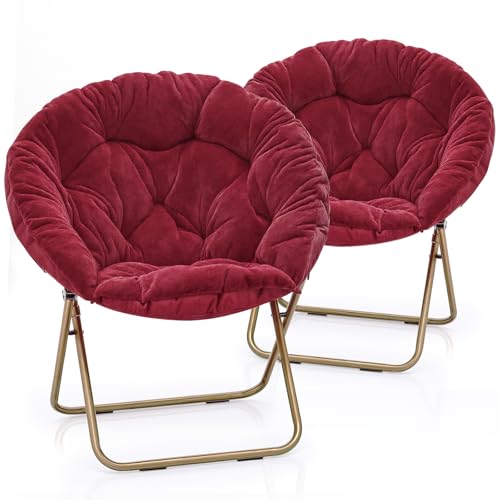 MoNiBloom Round Folding Faux Fur Saucer Chair for Bedroom Living Room Dorm Foldable Metal Frame Oversized Large Comfy Furry Padded Soft Lounge Lazy Cozy Moon Chair for Adults (Burgundy, 2 Pieces) - color: Burgundy
