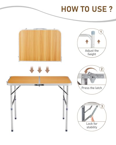 Outvita 3ft Portable Folding Camping Table, Outdoor Waterproof Adjustable Height Table, Aluminum Lightweight Suitcase Foldable Table for Picnic BBQ Beach Dining - color: Yellow, size: 35*24*28