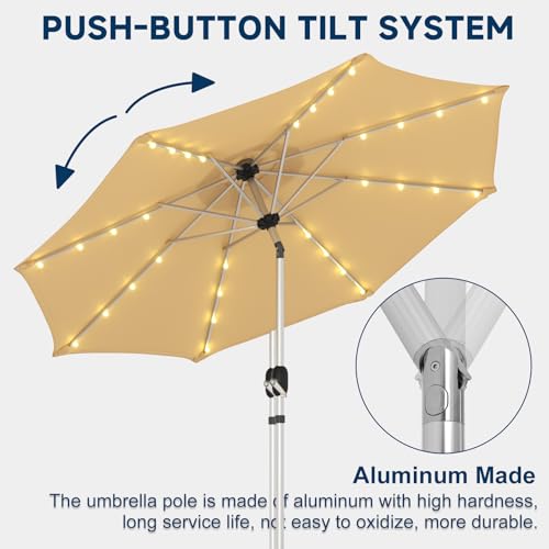 9FT Aluminum Patio Umbrella with 40-LED Solar Lighted, Fade-Resistant Outdoor Market Table Umbrella with Push Button Tilt Function, 8 Sturdy All-Aluminum Ribs for Gardens, Decks, Backyards & Pools - color: Beige, size: 9FT 40LED-1Tier (Aluminum Umbrella)