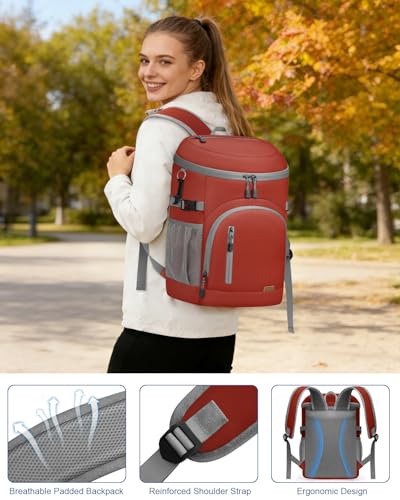 Pritent Cooler Backpack Insulated Waterproof,30/45 Cans Backpack Coolers Leakproof Lunch Backpack for Men Women Portable Soft Cooler Bag for Beach Camping Trave Picnic - color: leather red, size: 45 Cans