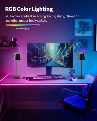 KDG 2 Pack Cordless Table Lamp, RGB Color Stepless Dimming Up, 4000mAh Battery Operated Portable LED Desk Lamp, for Dinning Room, Bedroom, Bar, Outdoor Garden, Camping, Night Light (Black) - color: RGB Black-2