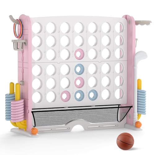 COSTWAY Giant 4 in A Row Connect Game Set, Height Adjust 4-to-Score Game with Mesh, Golf, Ring Toss Sets, Basketball & Cup Holders, Indoor Outdoor Yard Party Game for Kids Adults, Family (Pink) - color: White & Pink
