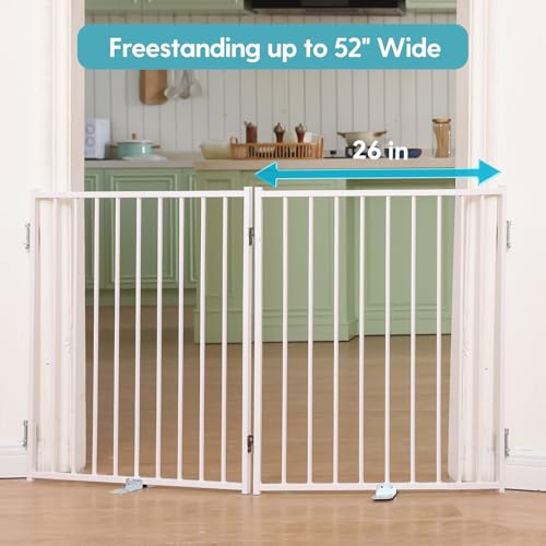 No Pawblems Free Standing Dog Gate, 30" Tall Foldable Dog Fence for Indoor, Up to 52 Inch Extra Wide Puppy Gate Extension for Stairs, Hallways, Doorways, Deck, Yard (White, 2 Panels) - color: White, size: Up to 52" W, 2 Panels