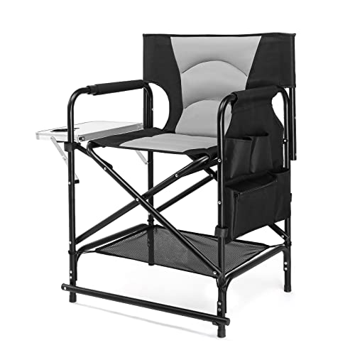 mefeir Professional Makeup Artist Director Chair 22" Standard Height, Portable Folding Design with Side Table & Storage Bag, Heavy-Duty Iron Frame (300 lbs Capacity) - color: Black/Gray, size: 22in