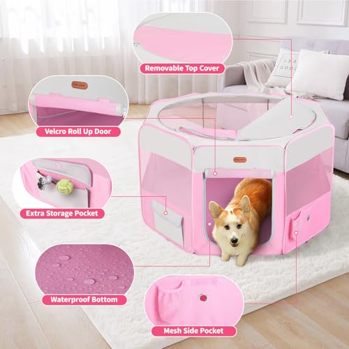 Seiyierr Dog Playpen, Portable Pet Play Pen Foldable Carrying Case, Puppy Pens Outsid for Small Cat Indoor/Outdoor, Removable Mesh Shade Cover - color: Pink, size: Medium