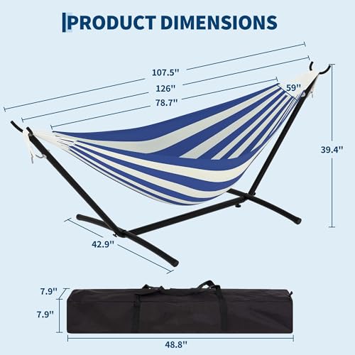 Double Hammock with Stand, 450lbs Capacity Heavy-Duty Steel Frame, Portable Space-Saving Design with Carry Bag for Indoor & Outdoor Use, Blue&White - color: Blue White Stripes