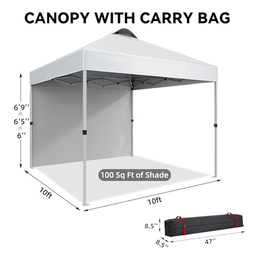 10x10 Ft Pop Up Canopy Tent with 1 Sidewall, Instant Portable Shelter with Vented Roof and Wheeled Carry Bag, Outdoor Sun Shade for Beach, Camping, Patio, Bonus 4 Canopy Sand Bags, White - color: White, size: 1 Side Wall