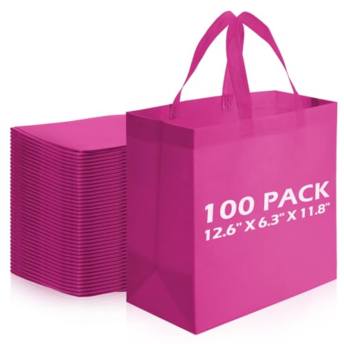 Reginary 100 PCS Reusable Totes Bags - Non Woven Grocery Handle Bags for Shop Events & Retail Store(Rose Pink) - color: Rose Pink