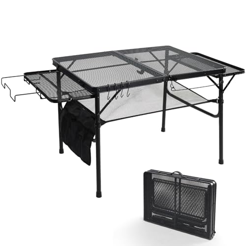 3ft Folding Camping Table with Wing Panels, Metal Mesh Grill Table,2 Adjustable Heights,Folding Table with Storage Net, Paper Towel Holder, Hooks, Trash Bag Rack, for Picnic,Camping,BBQ,Beach(Black) - color: 3ft With Wing Panels