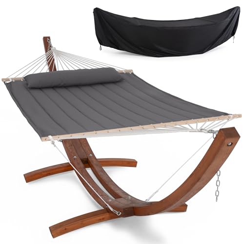 SUNCREAT Hammocks Double Hammock with Wooden Stand, Hammock Cover, Outdoor Hammocks for Outside, 475 lbs Capacity, Dark Gray - color: Dark Gray