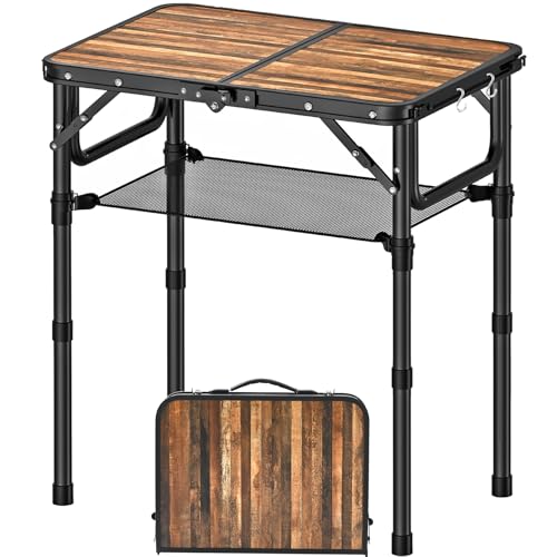 YihuiKo Folding Picnic Table with Storage Net, 3 Adjustable Heights Aluminum Small Folding Table, Lightweight, Portable Carrying Handle, for Camping Travel Outdoor - size: 24"L x 16"W x 27"H Plank-style Wood Grain
