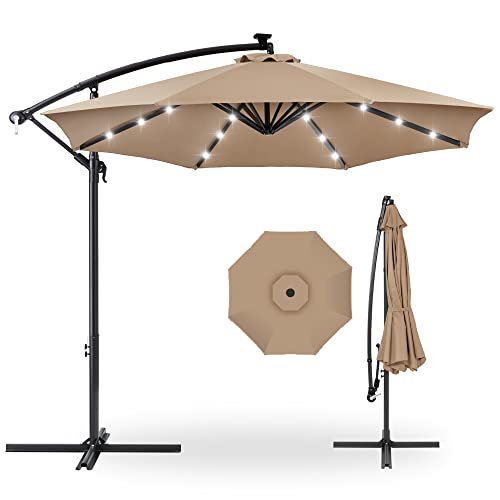 Best Choice Products 10ft Solar LED Offset Cantilever Hanging Market Patio Umbrella, 8 Sturdy Ribs, Easy Adjustment - Tan - color: Tan, size: Offset