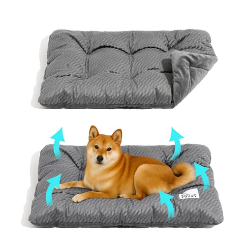 FUNNY FUZZY Washable Dog Crate Pad 35.4x22.8, Double-Sided Cooling Linen & Sherpa, Flat Crate Mat/Kennel Pad, Rectangle Dog Bed for Medium/Large Dogs & Cats, Charcoal Grey - color: Grey, size: 35"× 23" Large